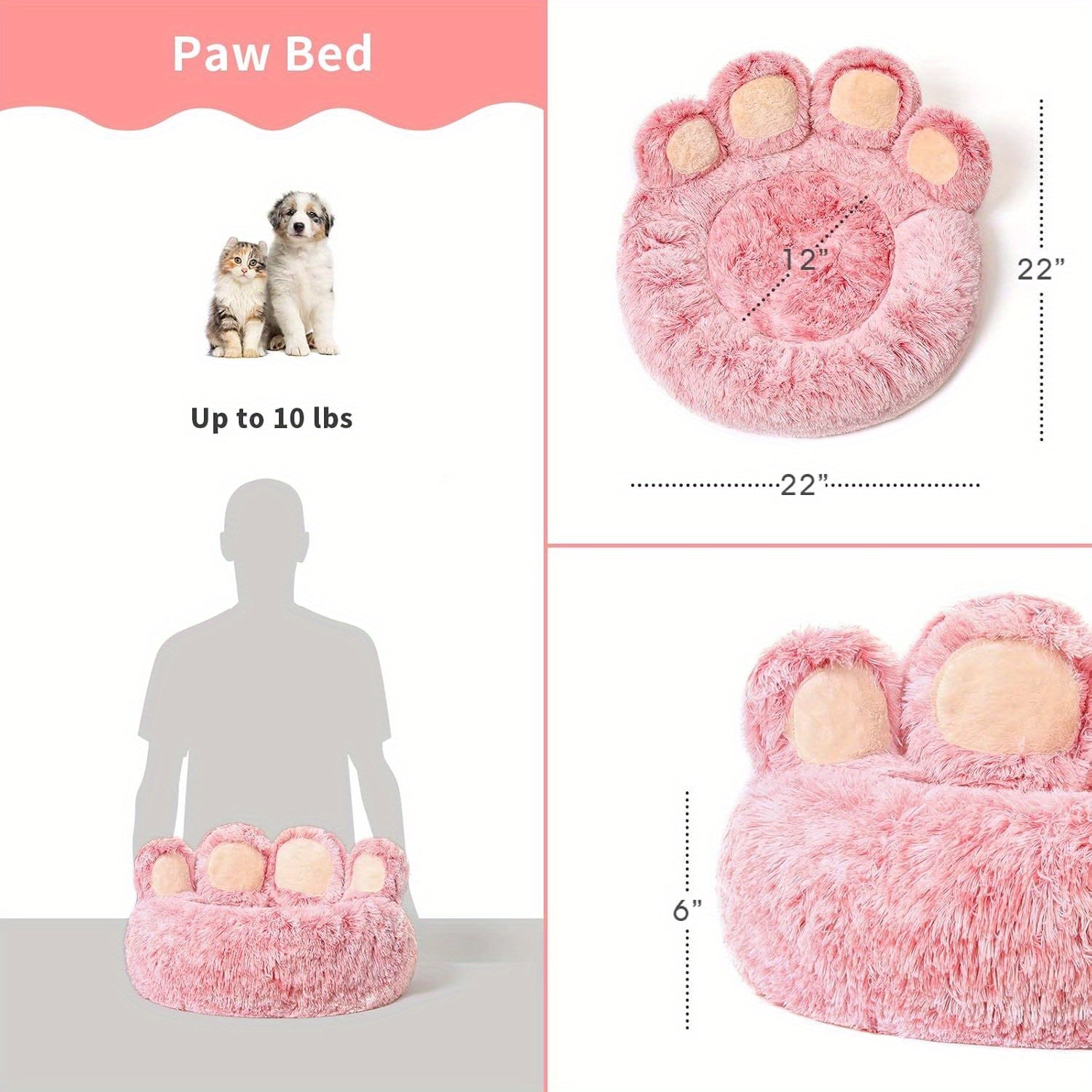 Paw Print Design Plush Faux Fur Donut Pet Bed for Small Dogs & Cats - Machine Washable, Non-Slip Bottom, Medium 22\