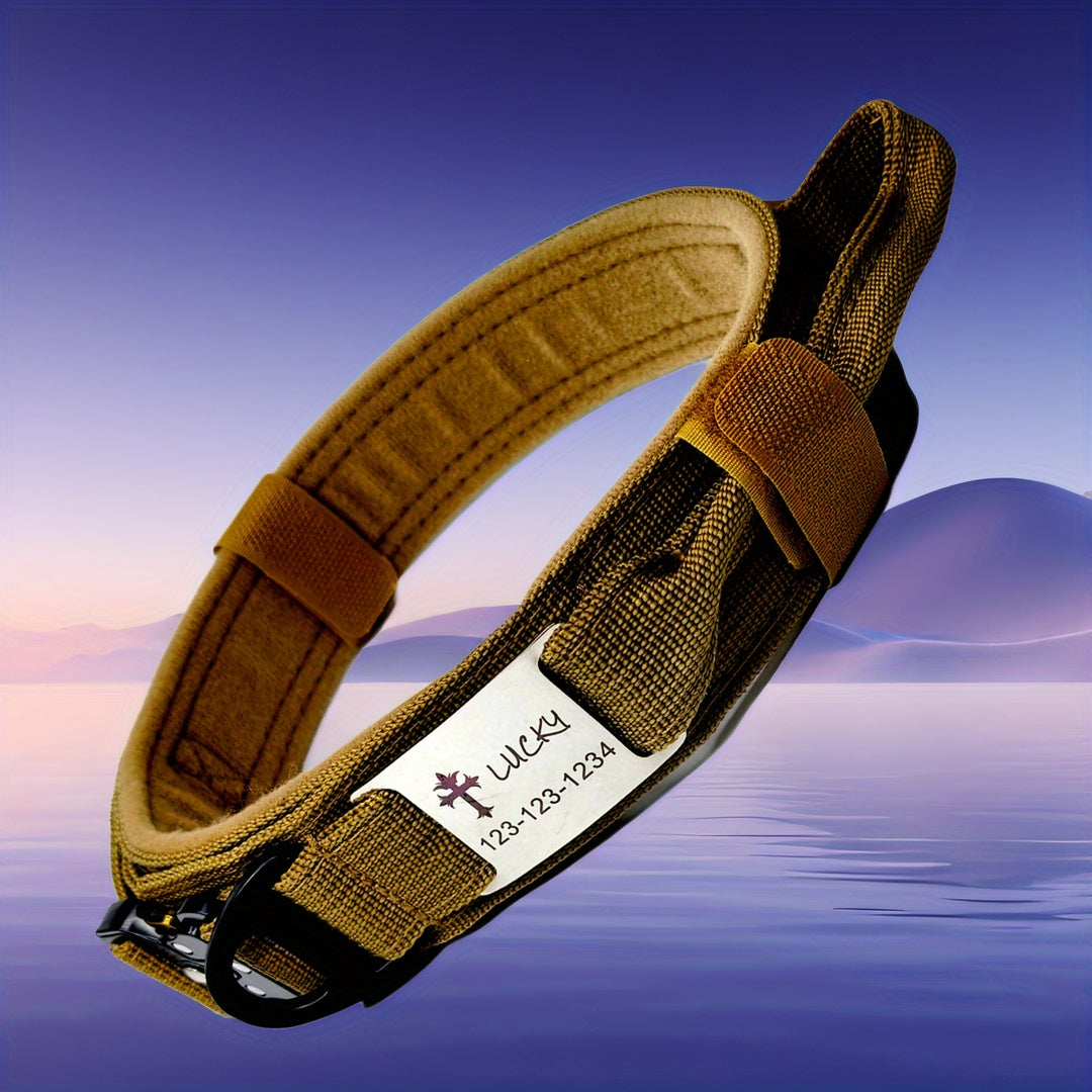 Personalized Name ID brand Tactical Dog Collar AdjustableTraining Nylon Dog Collar with Control Handle and Heavy Metal Buckle Green