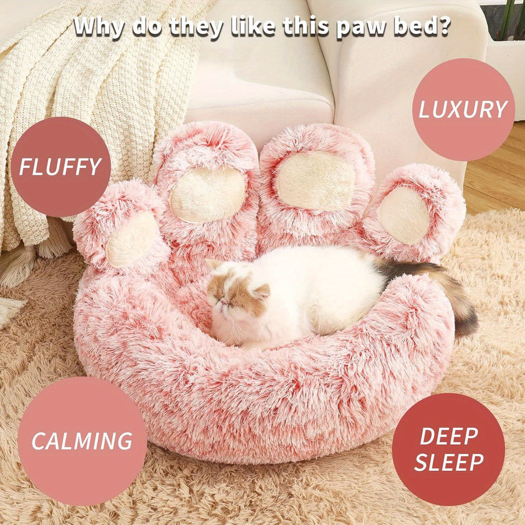 Paw Print Design Plush Faux Fur Donut Pet Bed for Small Dogs & Cats - Machine Washable, Non-Slip Bottom, Medium 22\