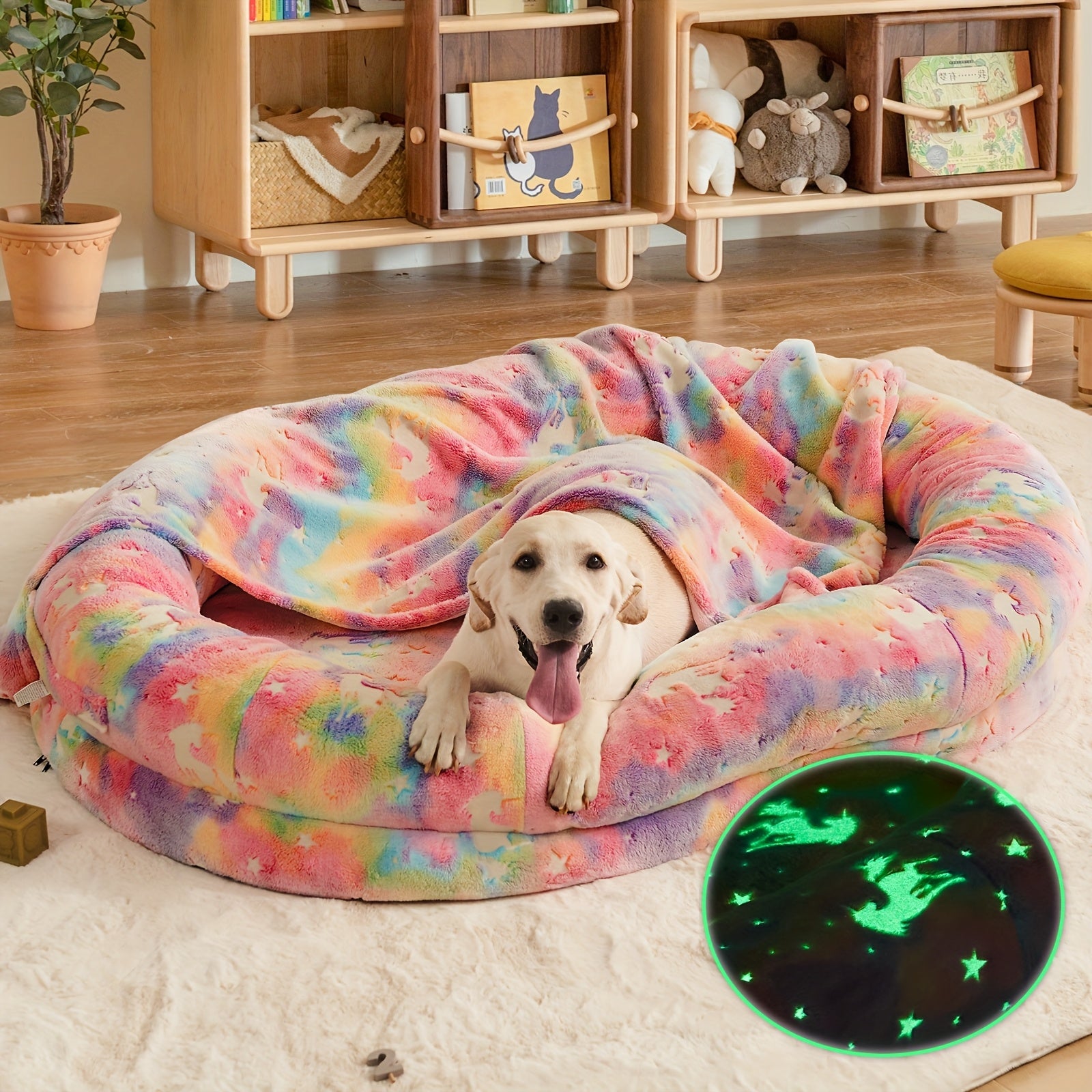 1pc Glow-in-the-Dark Stars Pet Bed for Dogs & Cats - Washable Faux Fur Cover Bean Bag Chair with Blanket