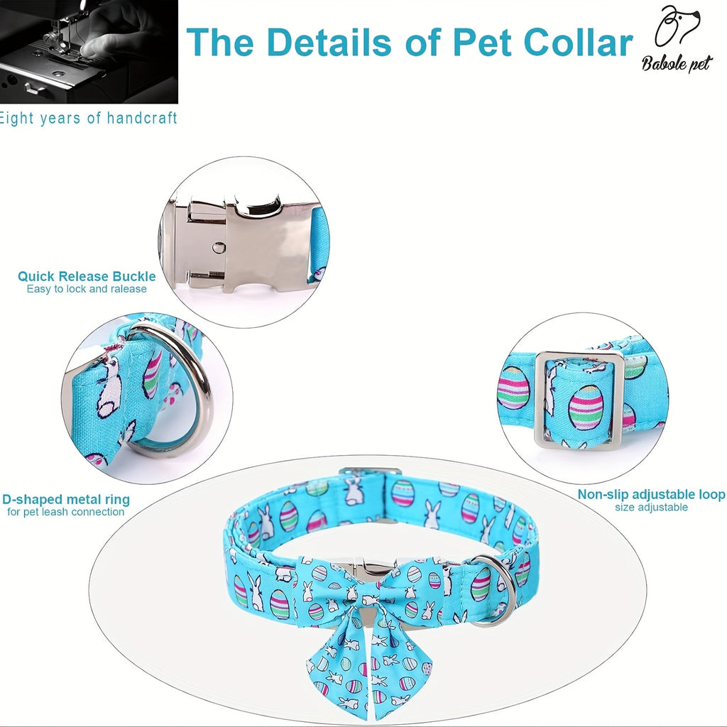 Adjustable Blue Bowtie Easter Dog Collar - Cute Bunny Egg Design, Comfortable & Durable Polyester Material