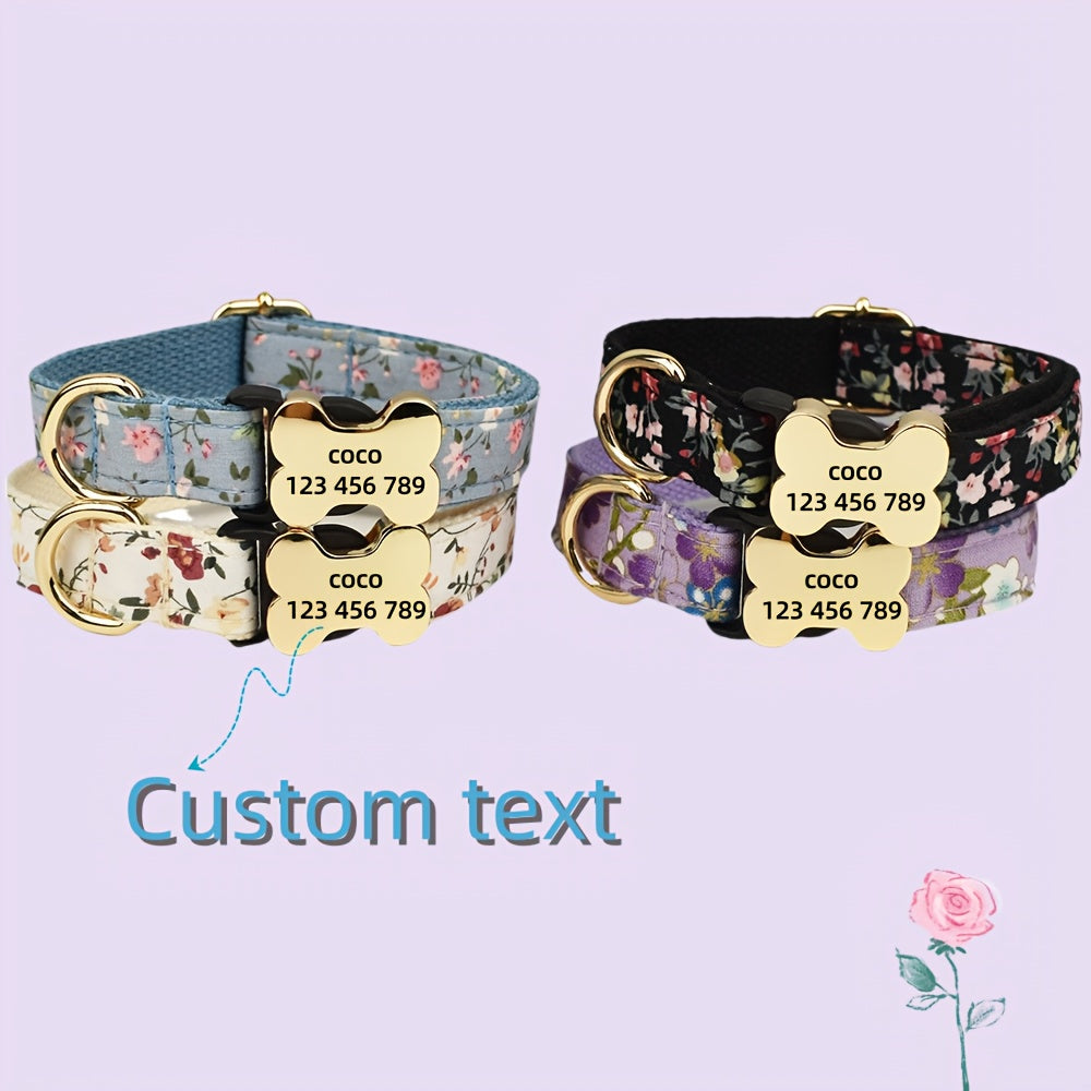 Customizable Dog Collar with Laser Engraving - Adjustable Bone Buckle Pet ID Tag, Floral & Text Print Patterns