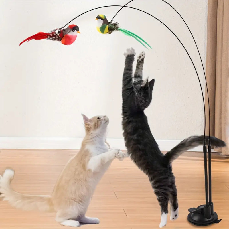 Interactive Cat Bird Toy Wand Set with Realistic Flying Motion, Long Double-Head Pole & Suction Cup
