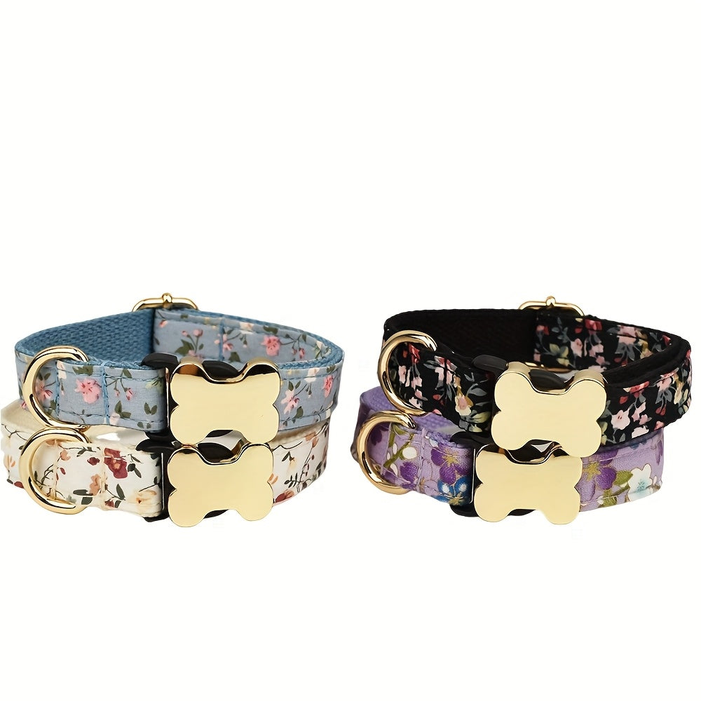 Customizable Dog Collar with Laser Engraving - Adjustable Bone Buckle Pet ID Tag, Floral & Text Print Patterns