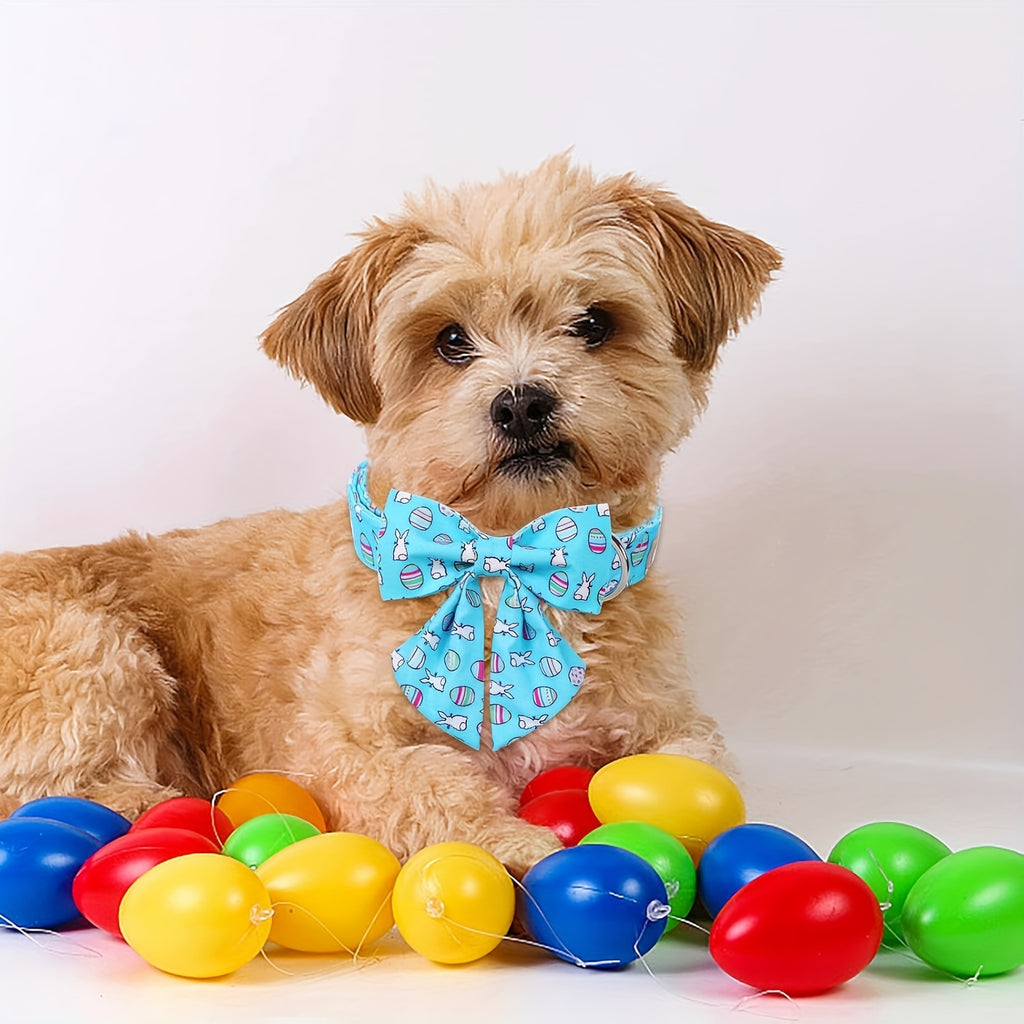 Adjustable Blue Bowtie Easter Dog Collar - Cute Bunny Egg Design, Comfortable & Durable Polyester Material