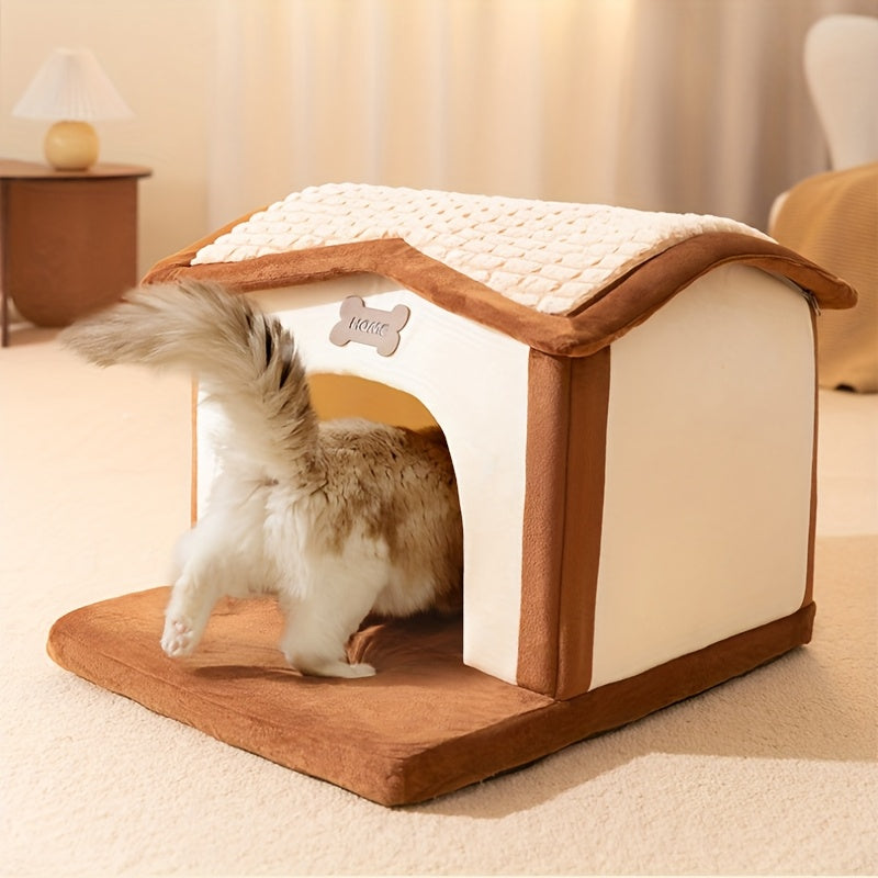 Cozy Cat House in White & Brown - All-Season PP Pet Cabin with Tile Roof, Non-Electric