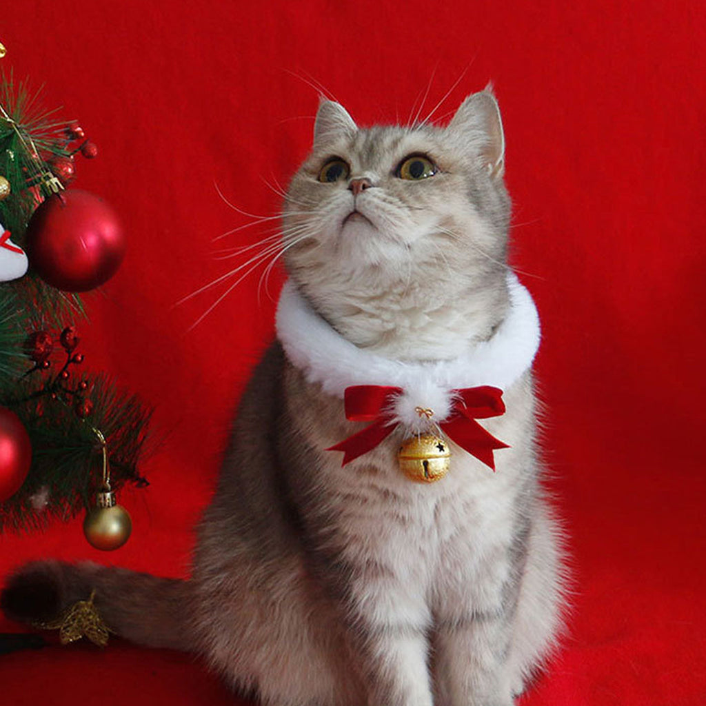 1pc Festive Christmas Pet Collar with Jingle Bell - Polyester Plush Necklace for Cats and Dogs, Holiday Costume Accessory with Red Bow