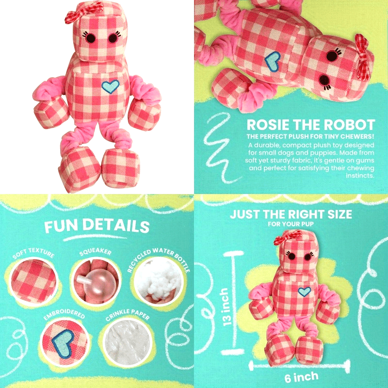 Rosie The Robot Plush Dog Toy with Repair Patch - Durable Gingham Linen Bungee Arms & Legs