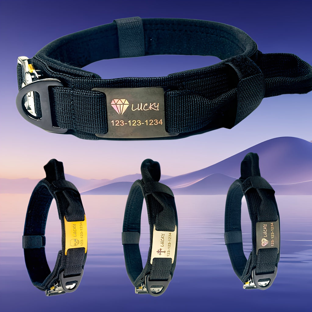 Personalized Name ID brand Tactical Dog Collar AdjustableTraining Nylon Dog Collar with Control Handle and Heavy Metal Buckle Green