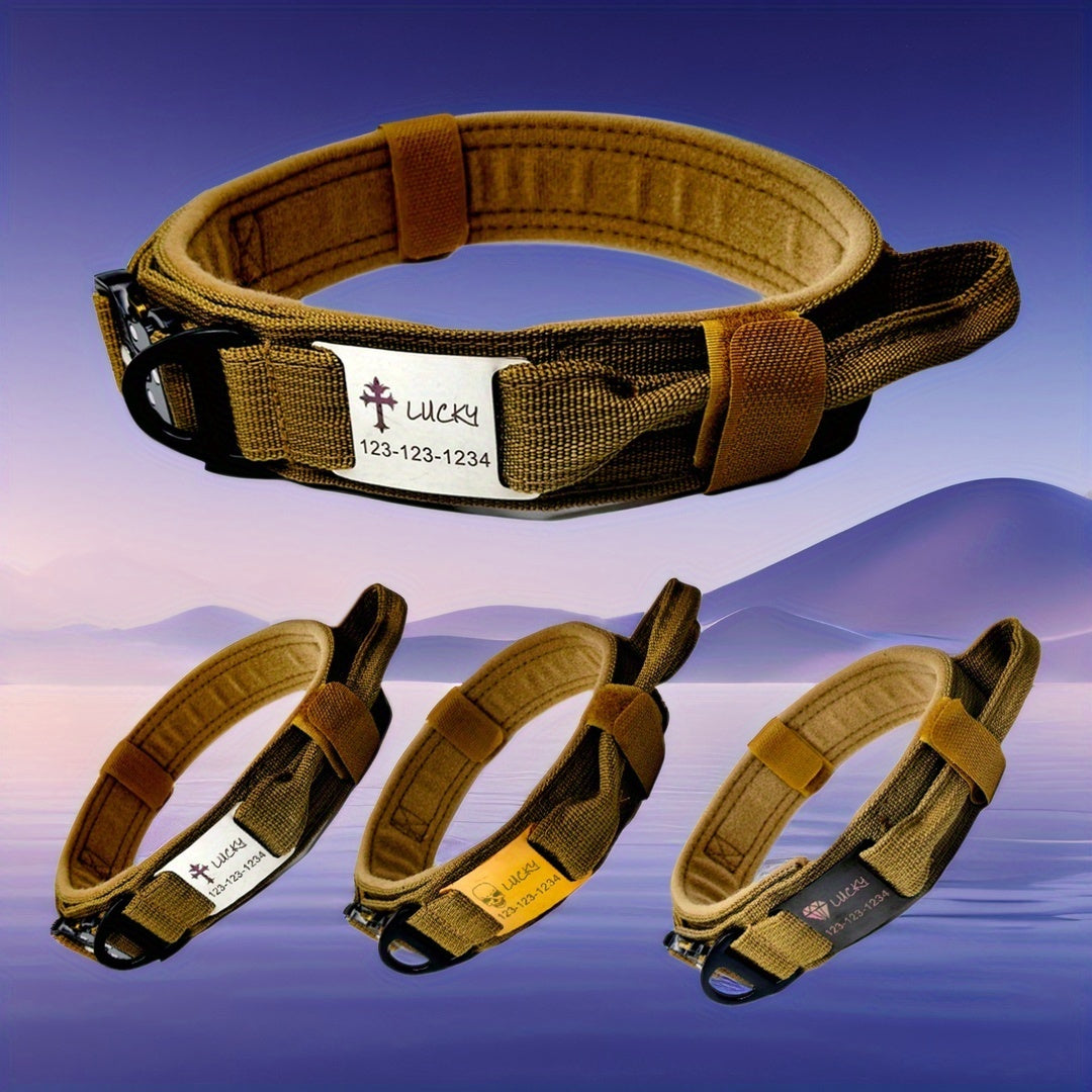 Personalized Name ID brand Tactical Dog Collar AdjustableTraining Nylon Dog Collar with Control Handle and Heavy Metal Buckle Green