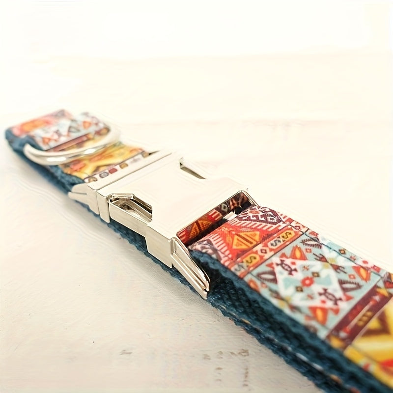 Customizable Dog Collar - Thickened Comfort, Durable Polyester, Vibrant Geometric Patterns, Personalized Text Engraving