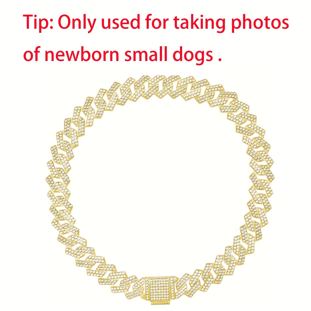 Adjustable Cuban Chain Crystal Pet Collar for Small\u002FMedium Dogs & Cats - 15mm Wide Heavy-Duty Metal Lock