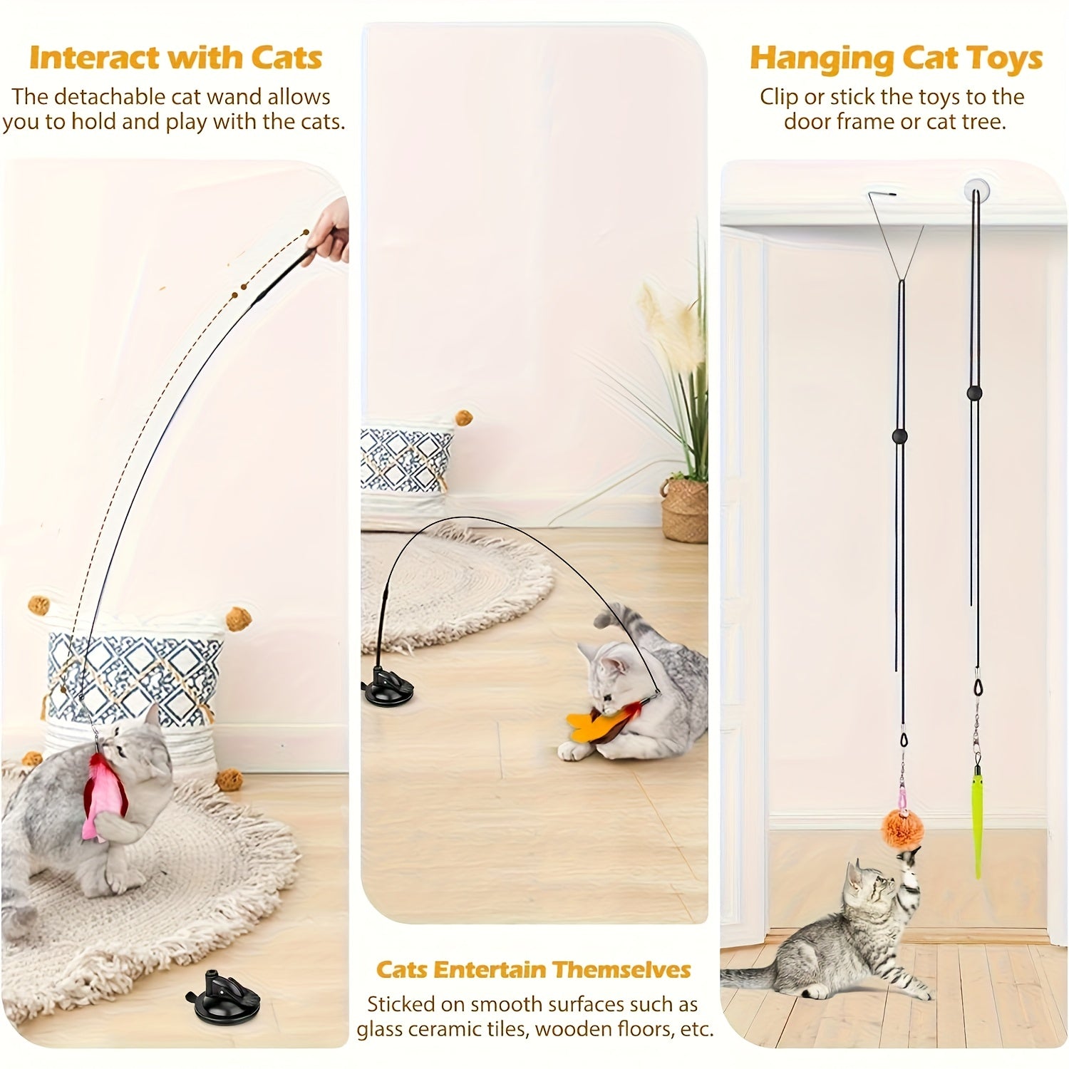 2 Pack 3in 1 Interactive Cat Toy for Indoor Cats with Sticky Super Suction Cup Detachable