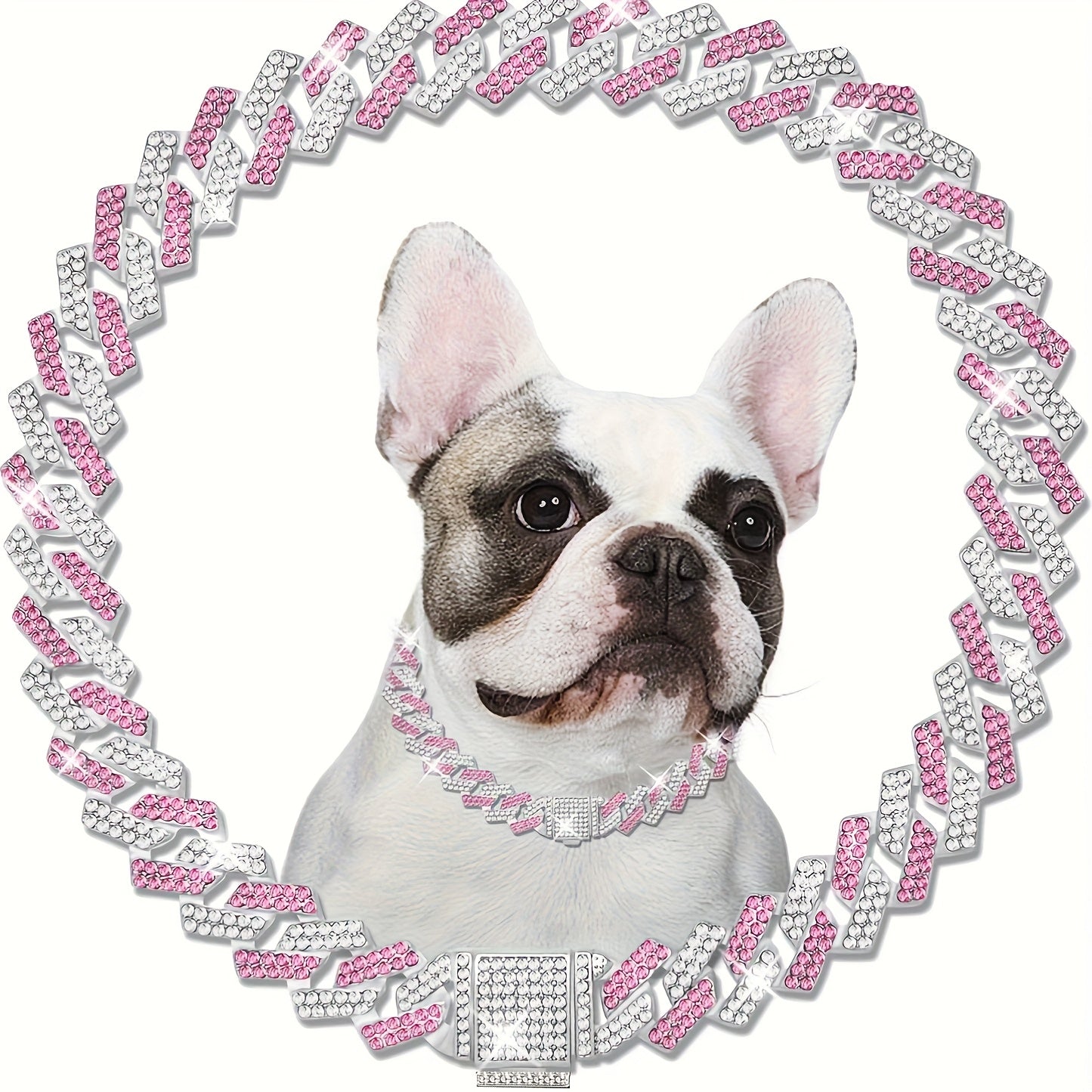 Adjustable Cuban Chain Crystal Pet Collar for Small\u002FMedium Dogs & Cats - 15mm Wide Heavy-Duty Metal Lock