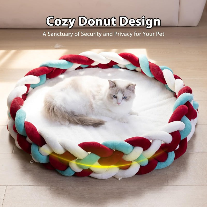 Maihandasi Boho Round Knitted for cat Basket Bed - Soft Woven Pet Bed with Plush Cushion, Cozy Warm Nest for Cats