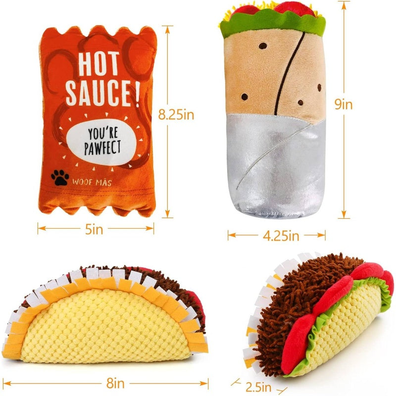 3 Pack Plush Dog Toys Set with Crinkle & Squeaky Sounds - Food-Shaped Stuffed Puppy Chew Toys
