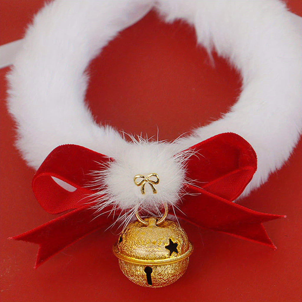 1pc Festive Christmas Pet Collar with Jingle Bell - Polyester Plush Necklace for Cats and Dogs, Holiday Costume Accessory with Red Bow