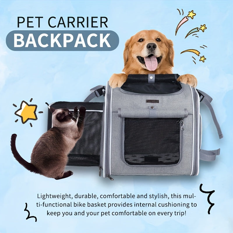 Expandable Soft-Sided Pet Basket for Small Dogs & Cats - Backpack & Carrier with 4-Mesh Window System