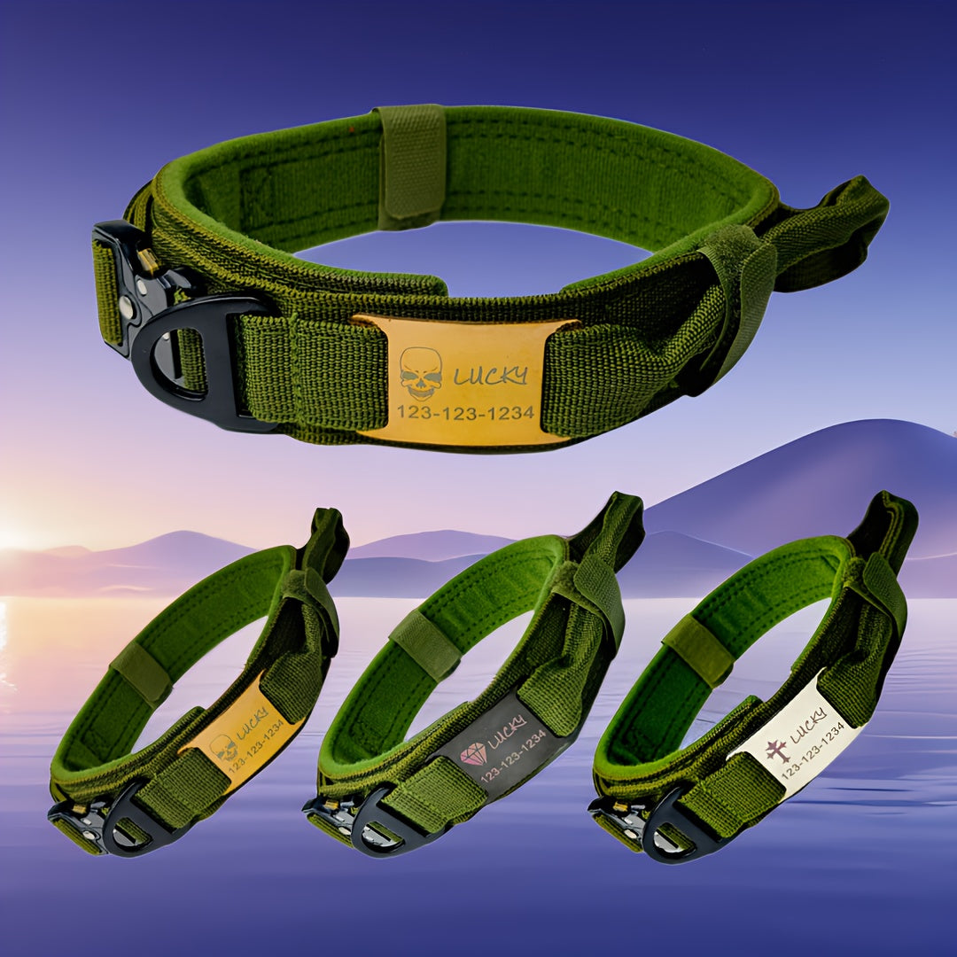 Personalized Name ID brand Tactical Dog Collar AdjustableTraining Nylon Dog Collar with Control Handle and Heavy Metal Buckle Green