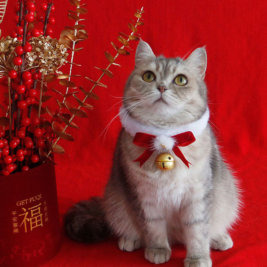 1pc Festive Christmas Pet Collar with Jingle Bell - Polyester Plush Necklace for Cats and Dogs, Holiday Costume Accessory with Red Bow