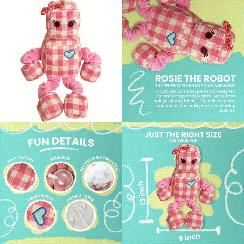 Rosie The Robot Plush Dog Toy with Repair Patch - Durable Gingham Linen Bungee Arms & Legs