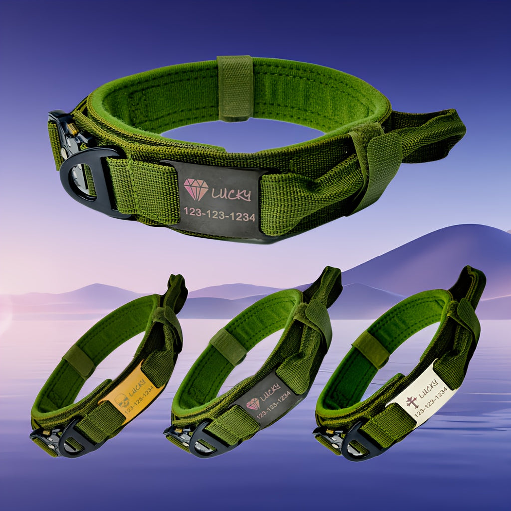 Personalized Name ID brand Tactical Dog Collar AdjustableTraining Nylon Dog Collar with Control Handle and Heavy Metal Buckle Green