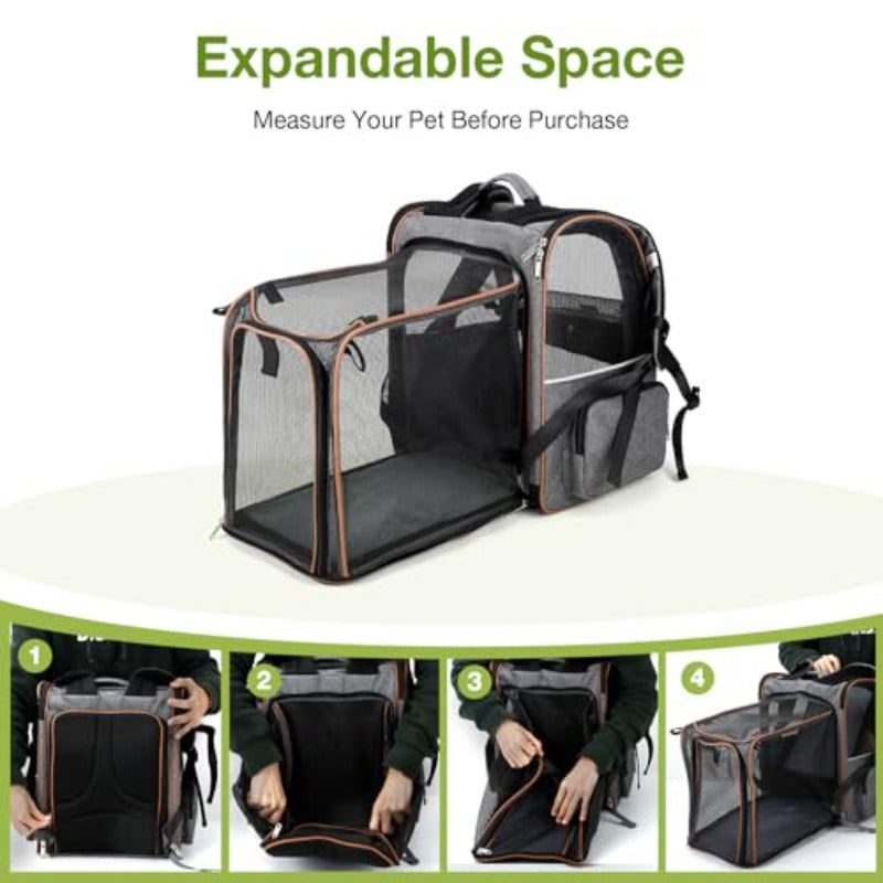 Large Expandable Cat & Small Dog Backpack Carrier - 18 lbs Capacity, 4-Wheel-Like Mobility