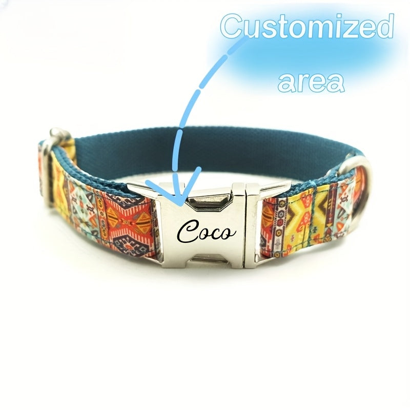 Customizable Dog Collar - Thickened Comfort, Durable Polyester, Vibrant Geometric Patterns, Personalized Text Engraving
