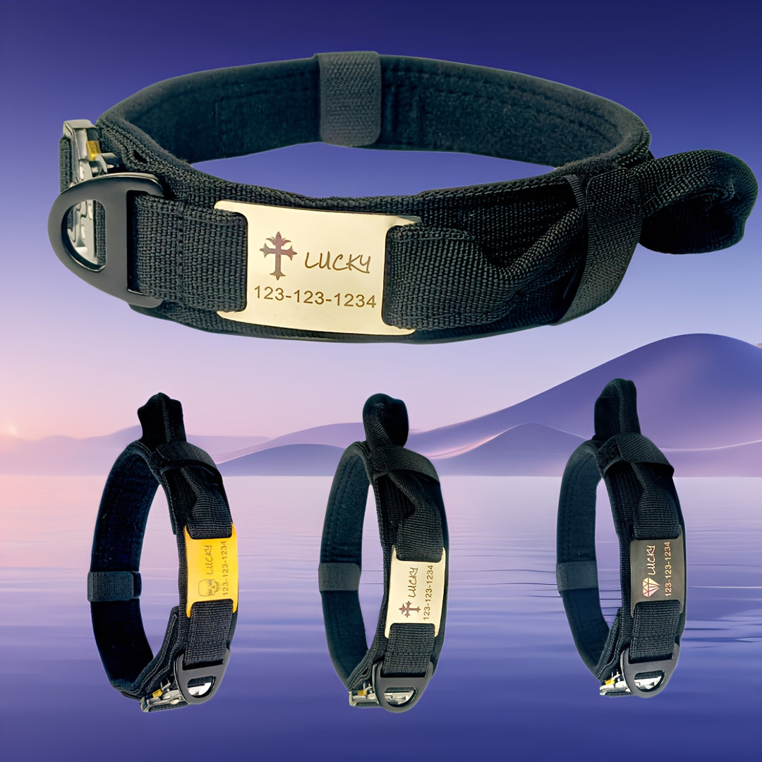 Personalized Name ID brand Tactical Dog Collar AdjustableTraining Nylon Dog Collar with Control Handle and Heavy Metal Buckle Green