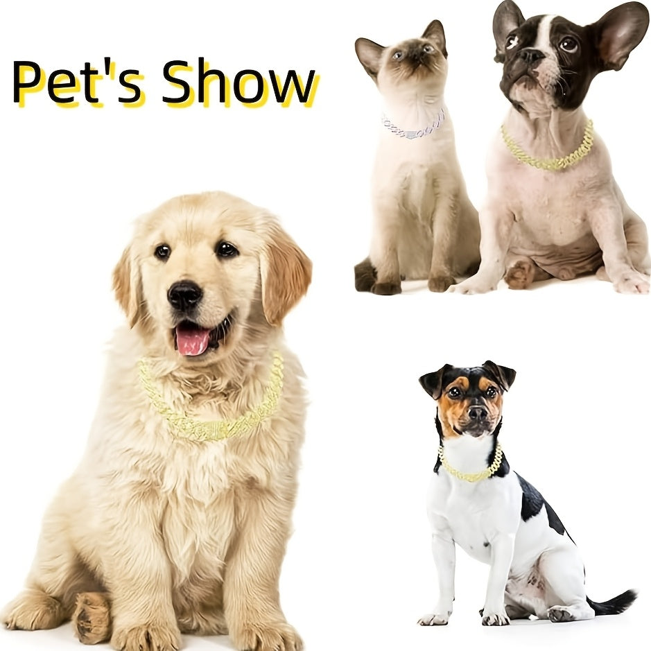 Adjustable Cuban Chain Crystal Pet Collar for Small\u002FMedium Dogs & Cats - 15mm Wide Heavy-Duty Metal Lock