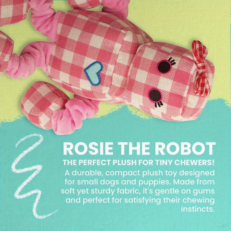 Rosie The Robot Plush Dog Toy with Repair Patch - Durable Gingham Linen Bungee Arms & Legs
