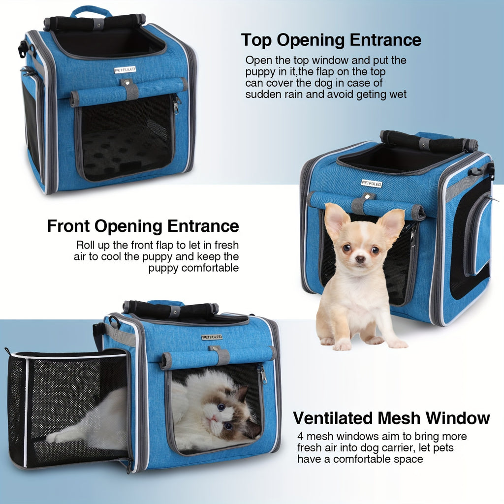 Expandable Soft-Sided Pet Basket for Small Dogs & Cats - Backpack & Carrier with 4-Mesh Window System