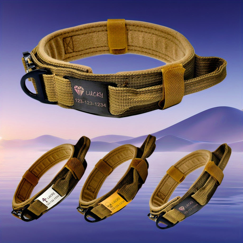 Personalized Name ID brand Tactical Dog Collar AdjustableTraining Nylon Dog Collar with Control Handle and Heavy Metal Buckle Green