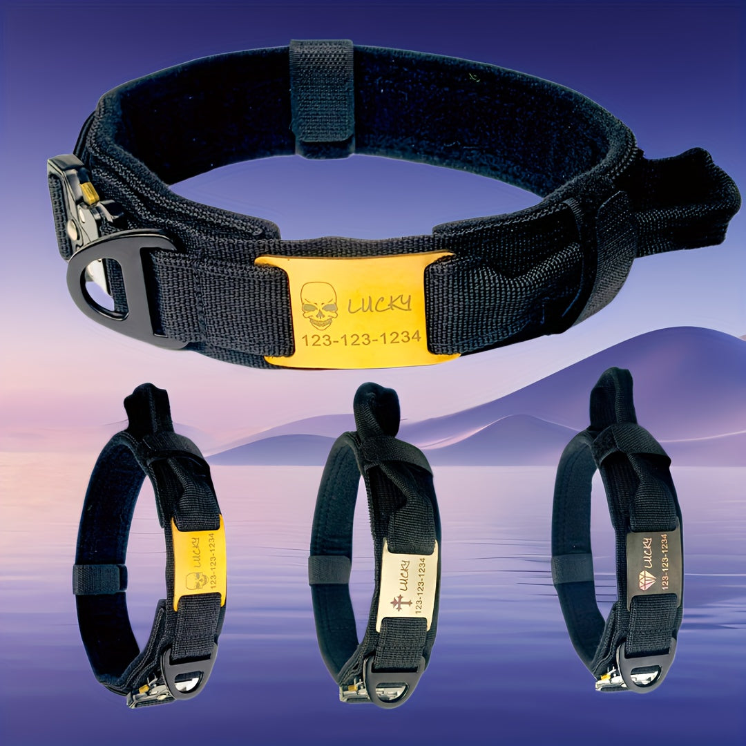 Personalized Name ID brand Tactical Dog Collar AdjustableTraining Nylon Dog Collar with Control Handle and Heavy Metal Buckle Green