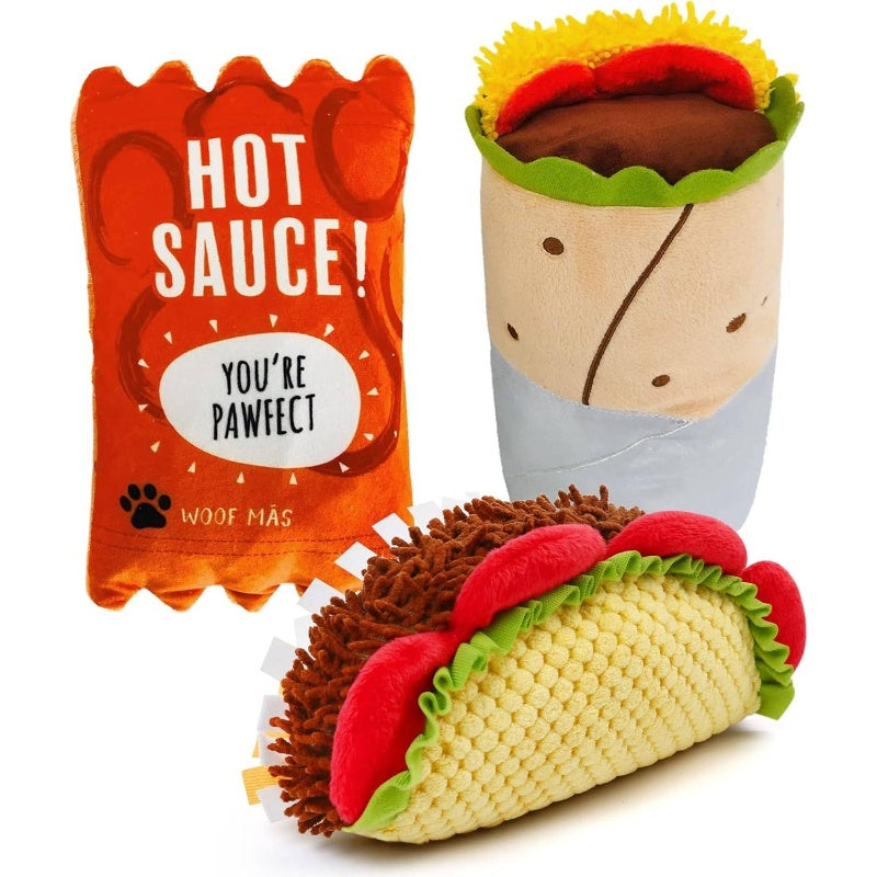 3 Pack Plush Dog Toys Set with Crinkle & Squeaky Sounds - Food-Shaped Stuffed Puppy Chew Toys