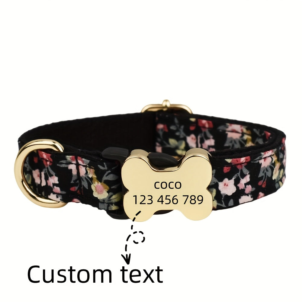 Customizable Dog Collar with Laser Engraving - Adjustable Bone Buckle Pet ID Tag, Floral & Text Print Patterns