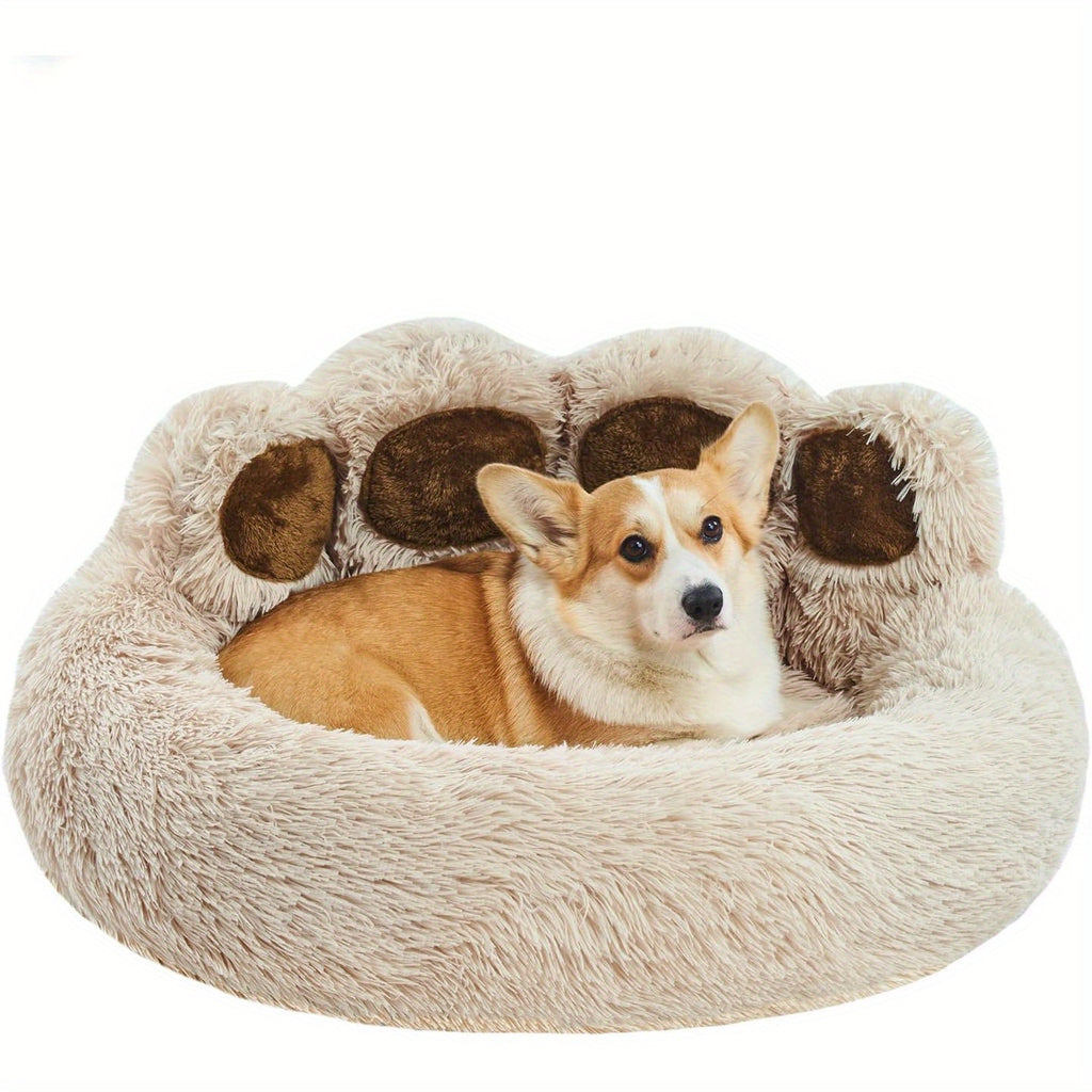 Paw Print Design Plush Faux Fur Donut Pet Bed for Small Dogs & Cats - Machine Washable, Non-Slip Bottom, Medium 22\