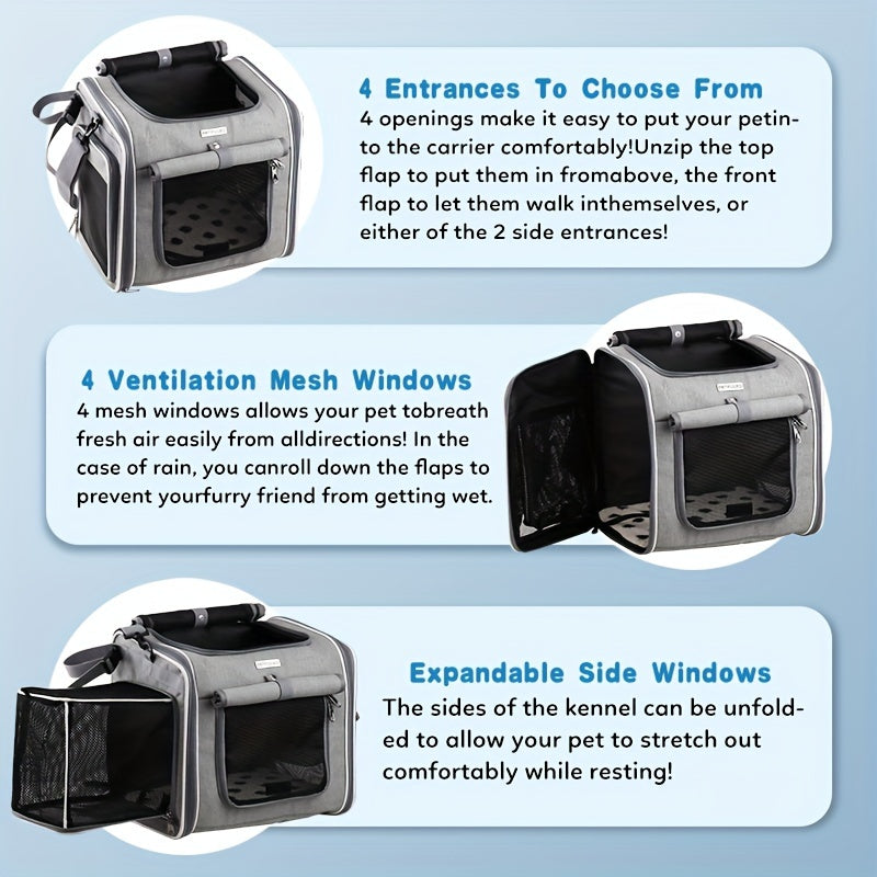Expandable Soft-Sided Pet Basket for Small Dogs & Cats - Backpack & Carrier with 4-Mesh Window System
