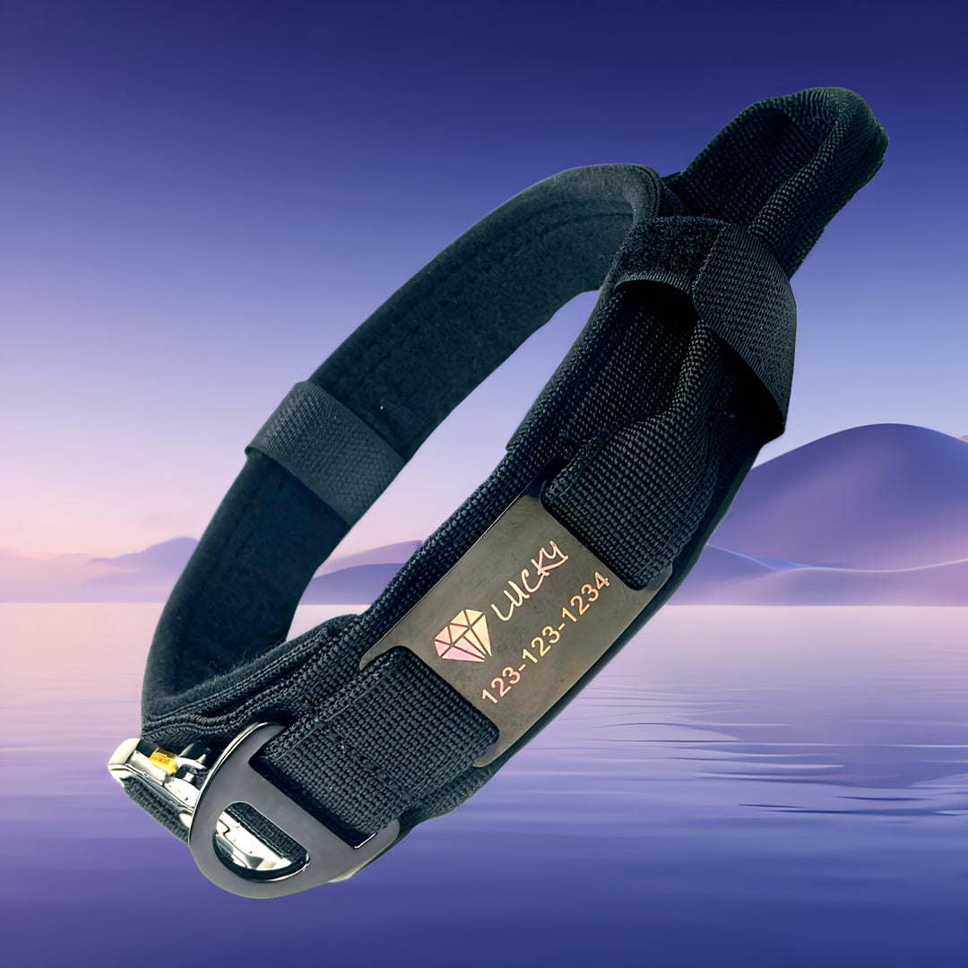 Personalized Name ID brand Tactical Dog Collar AdjustableTraining Nylon Dog Collar with Control Handle and Heavy Metal Buckle Green