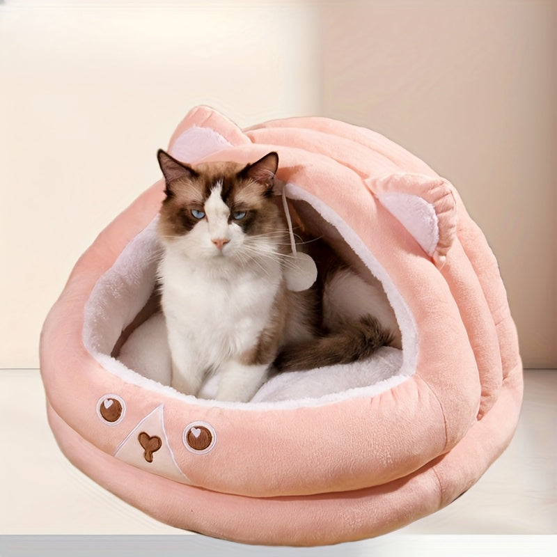 Cozy Mongolian Yurt-Style Cat House - All-Season Warmth, Cute Cartoon Design, Semi-Enclosed Pet Bed for Cats & Small Dogs