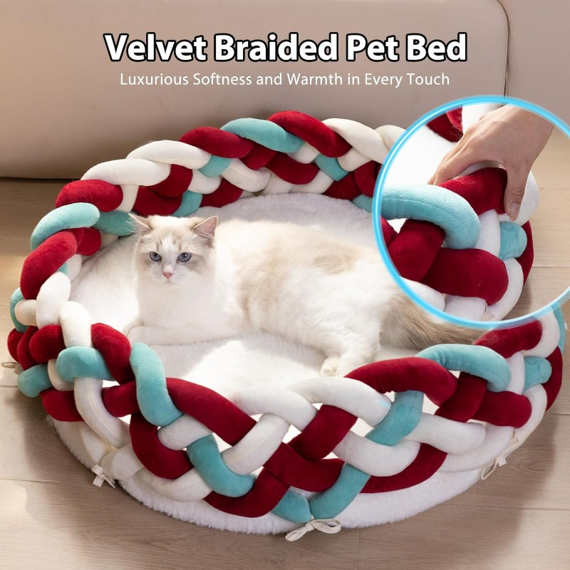 Maihandasi Boho Round Knitted for cat Basket Bed - Soft Woven Pet Bed with Plush Cushion, Cozy Warm Nest for Cats