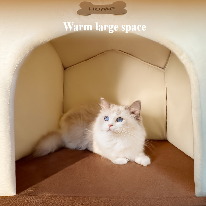 Cozy Cat House in White & Brown - All-Season PP Pet Cabin with Tile Roof, Non-Electric
