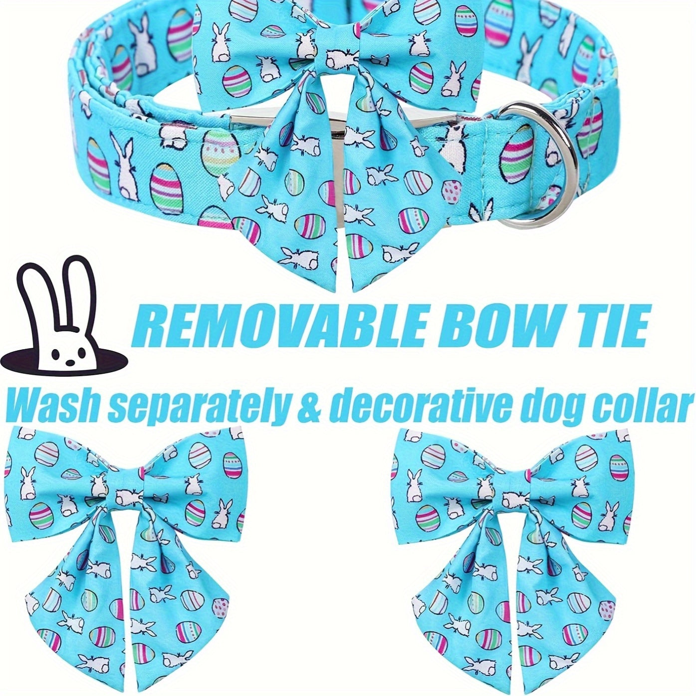 Adjustable Blue Bowtie Easter Dog Collar - Cute Bunny Egg Design, Comfortable & Durable Polyester Material