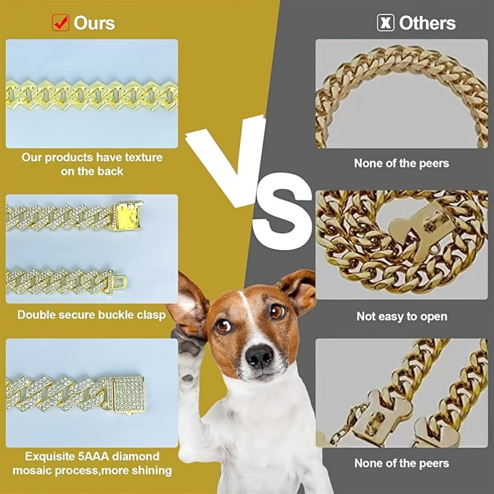 Adjustable Cuban Chain Crystal Pet Collar for Small\u002FMedium Dogs & Cats - 15mm Wide Heavy-Duty Metal Lock