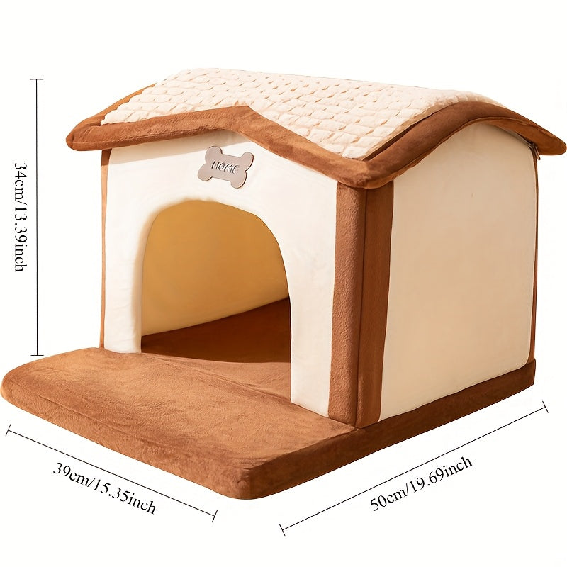 Cozy Cat House in White & Brown - All-Season PP Pet Cabin with Tile Roof, Non-Electric