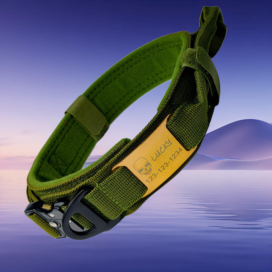 Personalized Name ID brand Tactical Dog Collar AdjustableTraining Nylon Dog Collar with Control Handle and Heavy Metal Buckle Green