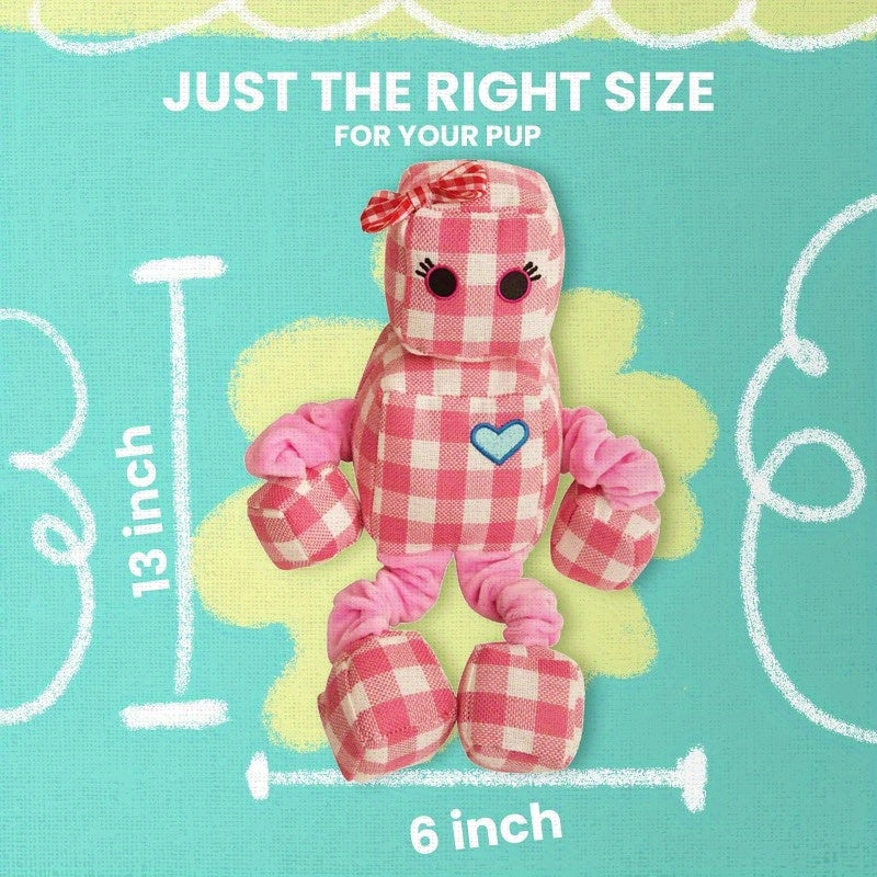 Rosie The Robot Plush Dog Toy with Repair Patch - Durable Gingham Linen Bungee Arms & Legs