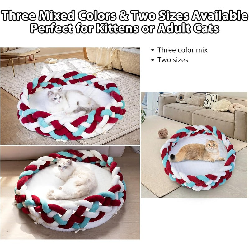 Maihandasi Boho Round Knitted for cat Basket Bed - Soft Woven Pet Bed with Plush Cushion, Cozy Warm Nest for Cats