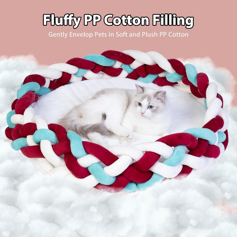 Maihandasi Boho Round Knitted for cat Basket Bed - Soft Woven Pet Bed with Plush Cushion, Cozy Warm Nest for Cats