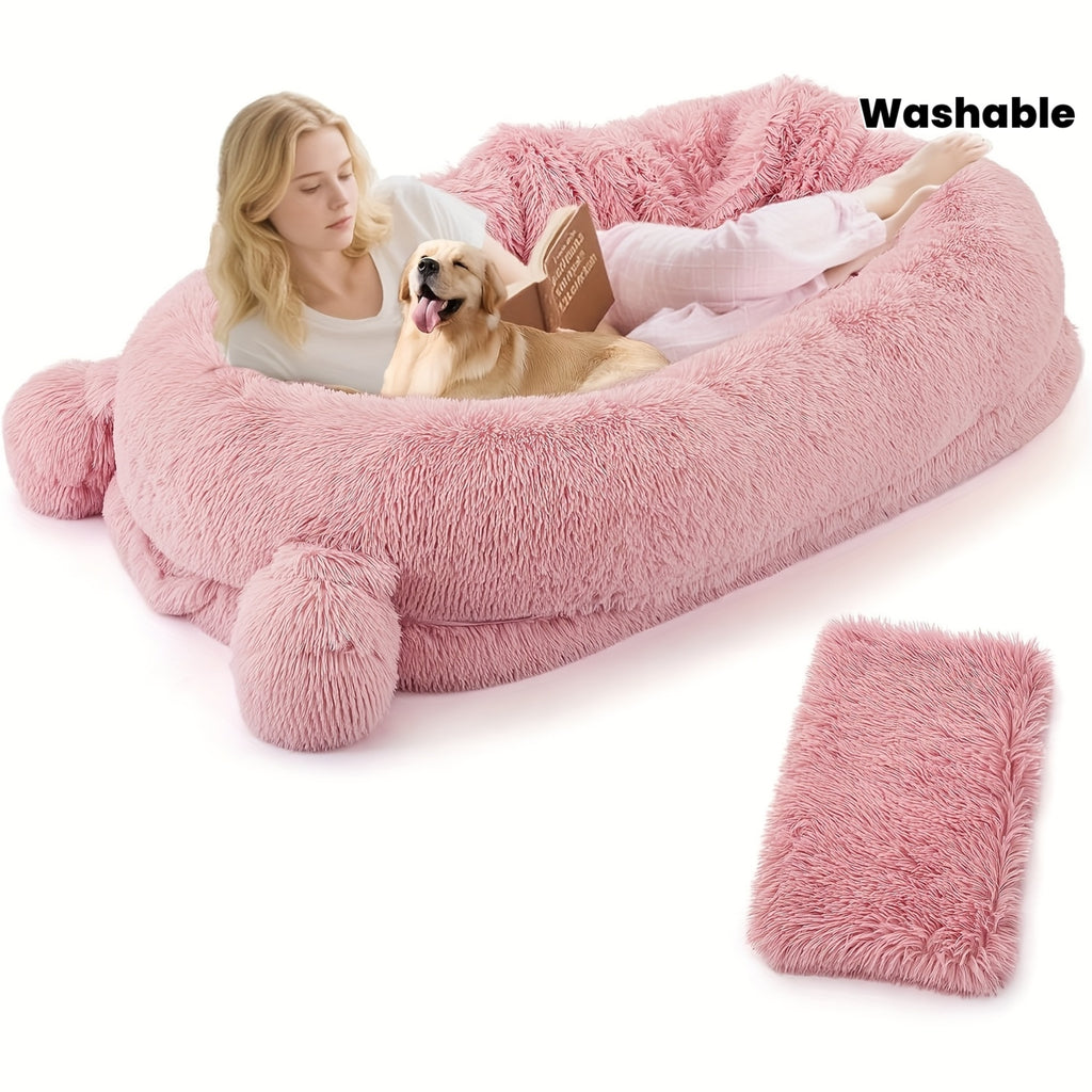 Human Grade Large Dog Bed For Adults, 75x45 Inch Washable Dog Mattress With Removable Faux  Cover & Blanket